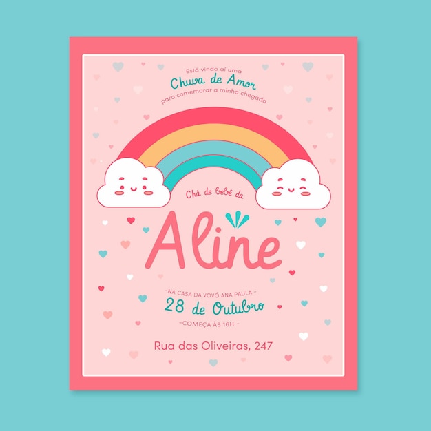 Plantilla de invitación de baby shower orgánica plana chuva de amor