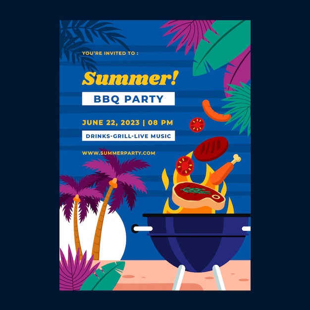 Vector gratuito plantilla de invitación de barbacoa plana de verano con parrilla en la playa