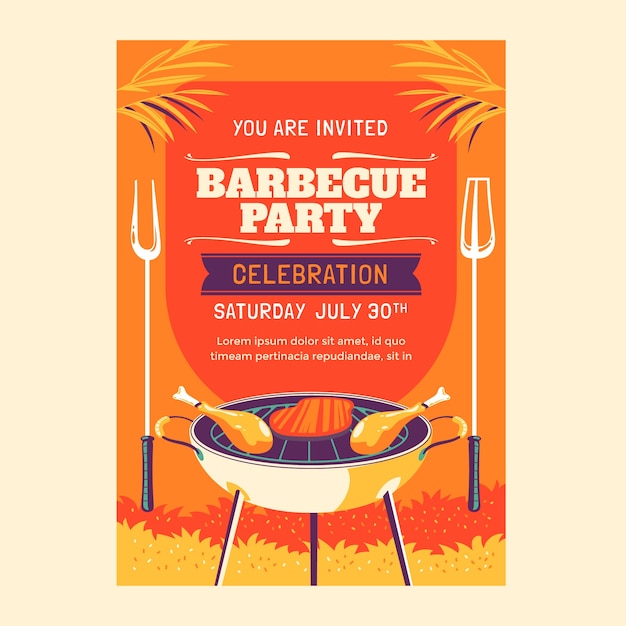 Plantilla de invitación de barbacoa plana de verano con parrilla