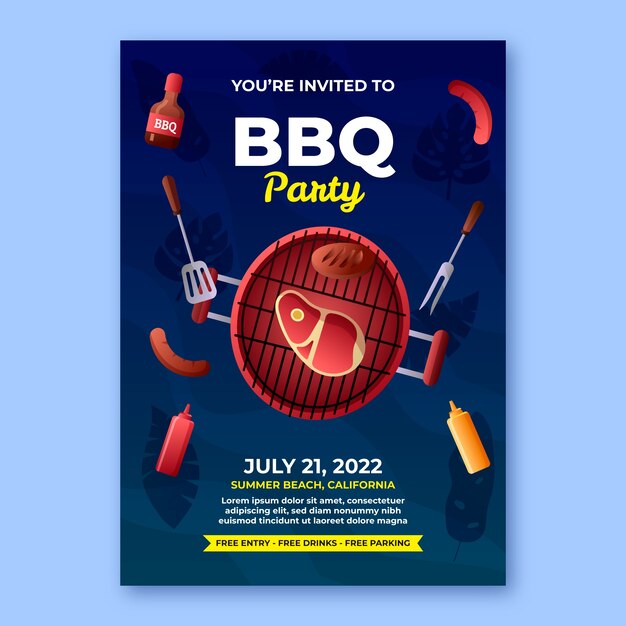 Plantilla de invitación de barbacoa de verano degradado con parrilla