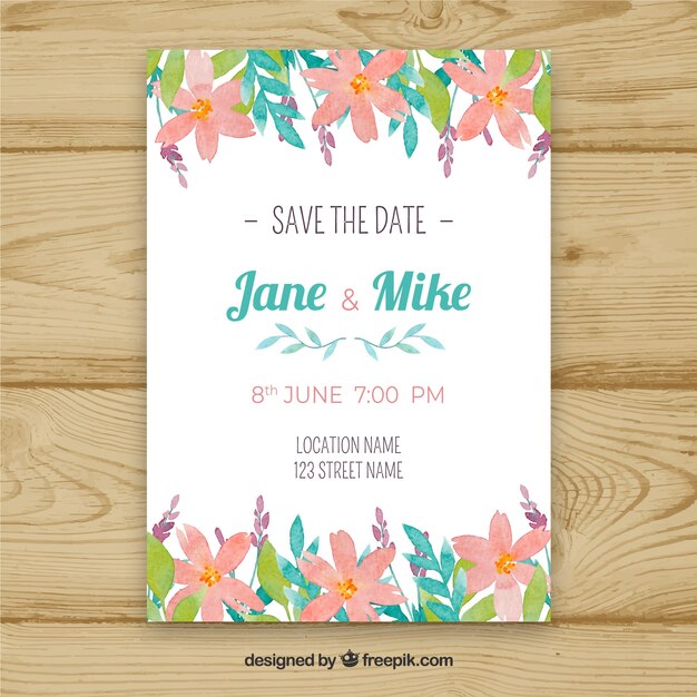 Plantilla de invitación de boda en acuarela con estilo floral