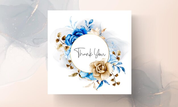 Plantilla de invitación de boda en acuarela con flores azules y marrones