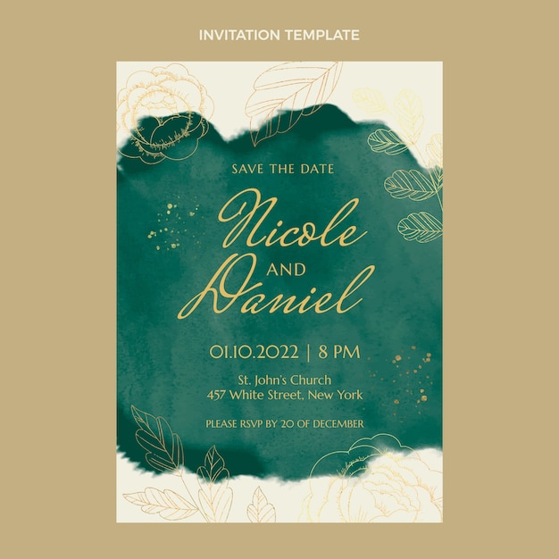 Vector gratuito plantilla de invitación de boda en acuarela