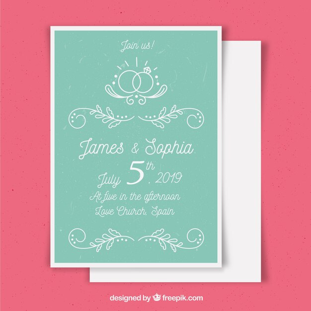 Plantilla de invitación de boda con adornos dibujados a mano
