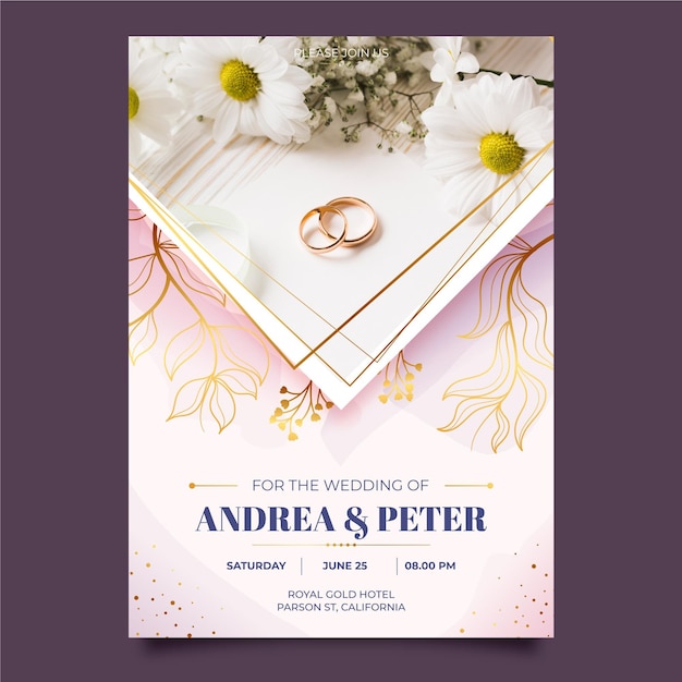 Plantilla de invitación de boda con anillos dorados.