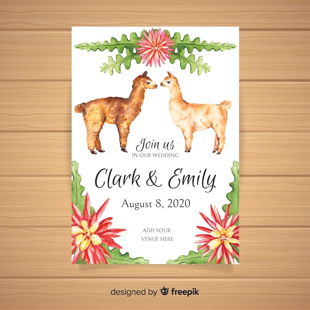 Vector gratuito plantilla de invitación de boda con animales en acuarela