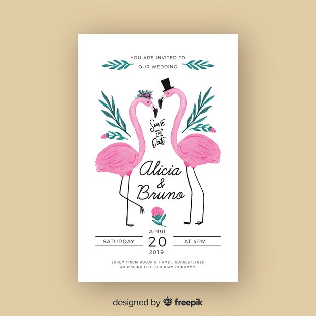 Plantilla de invitación de boda con animales en acuarela