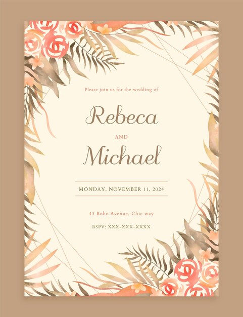 Plantilla de invitación de boda boho acuarela pintada a mano