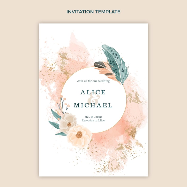 Vector gratuito plantilla de invitación de boda boho en acuarela