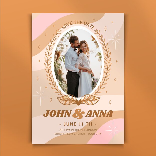 Plantilla de invitación de boda boho dibujada a mano con foto