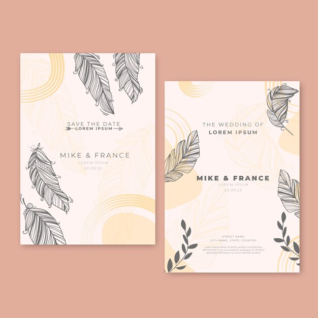 Plantilla de invitación de boda boho dibujada a mano de grabado