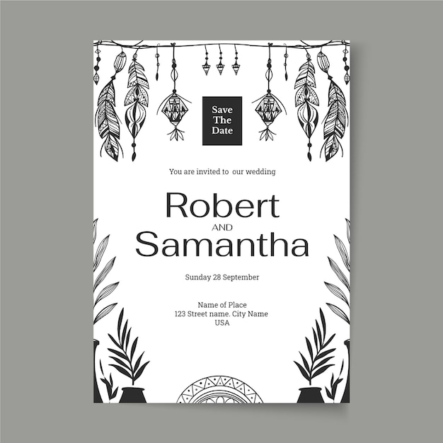 Plantilla de invitación de boda boho dibujada a mano de grabado