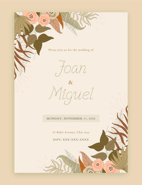 Plantilla de invitación de boda boho dibujada a mano