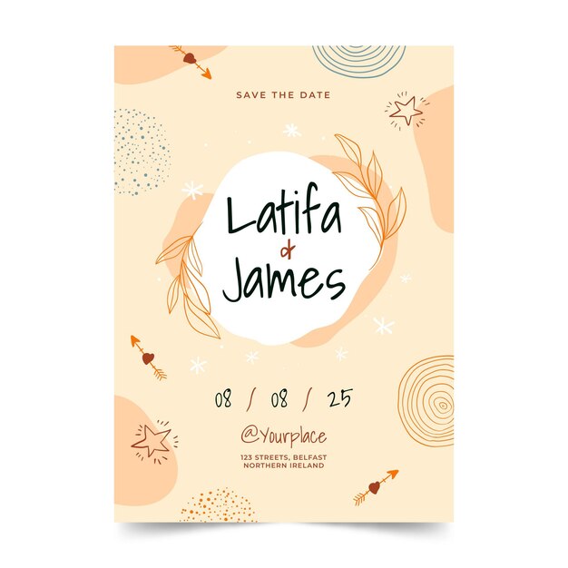 Plantilla de invitación de boda boho dibujada a mano
