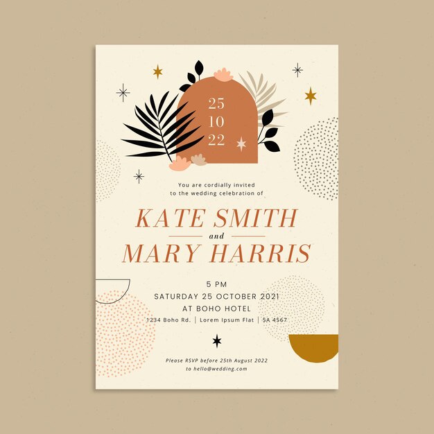 Plantilla de invitación de boda boho dibujada a mano
