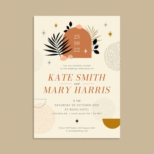Plantilla de invitación de boda boho dibujada a mano