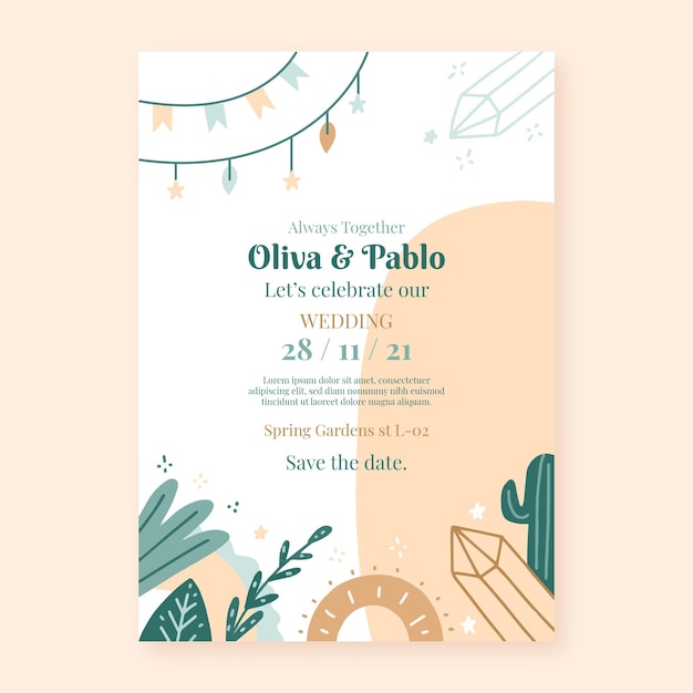 Plantilla de invitación de boda boho dibujada a mano
