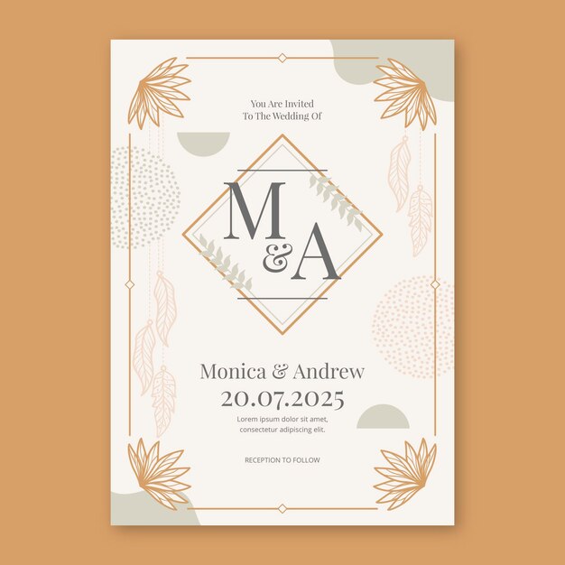 Plantilla de invitación de boda boho dibujada a mano