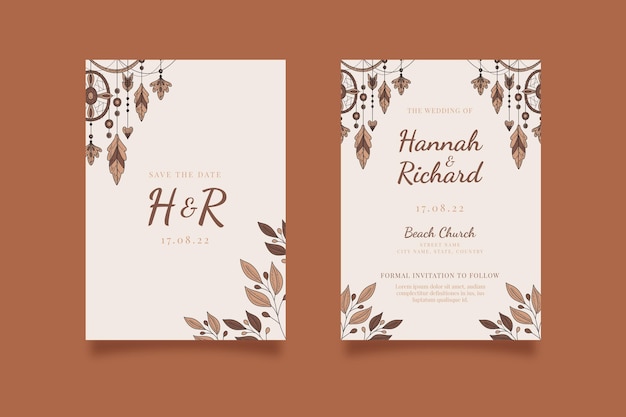 Plantilla de invitación de boda boho dibujada a mano