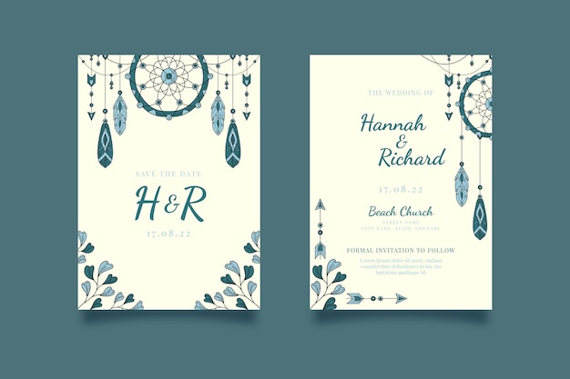 Plantilla de invitación de boda boho dibujada a mano