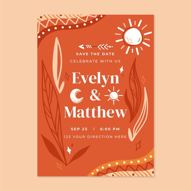 Plantilla de invitación de boda boho dibujada a mano