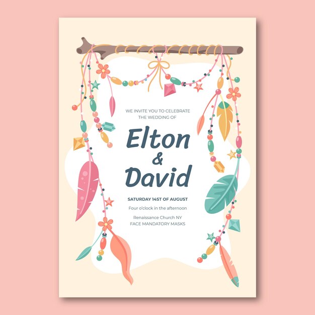 Plantilla de invitación de boda boho plana