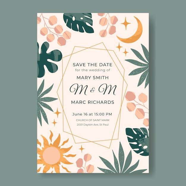Plantilla de invitación de boda boho plana