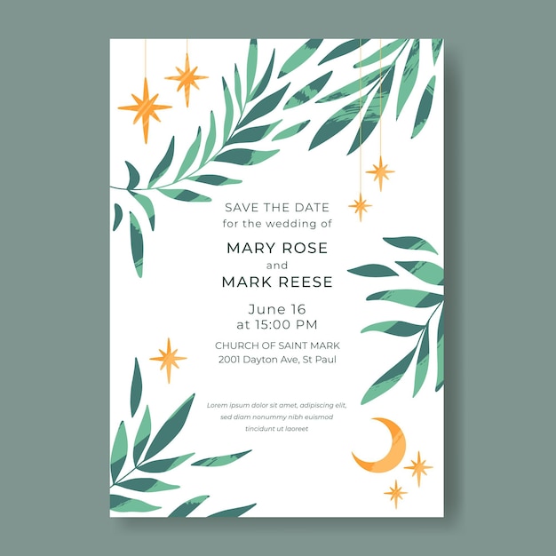 Plantilla de invitación de boda boho plana