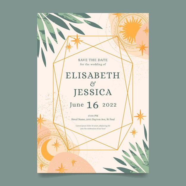 Plantilla de invitación de boda boho plana