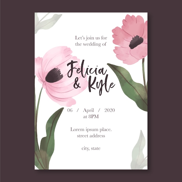 Plantilla de invitación de boda con concepto de flores