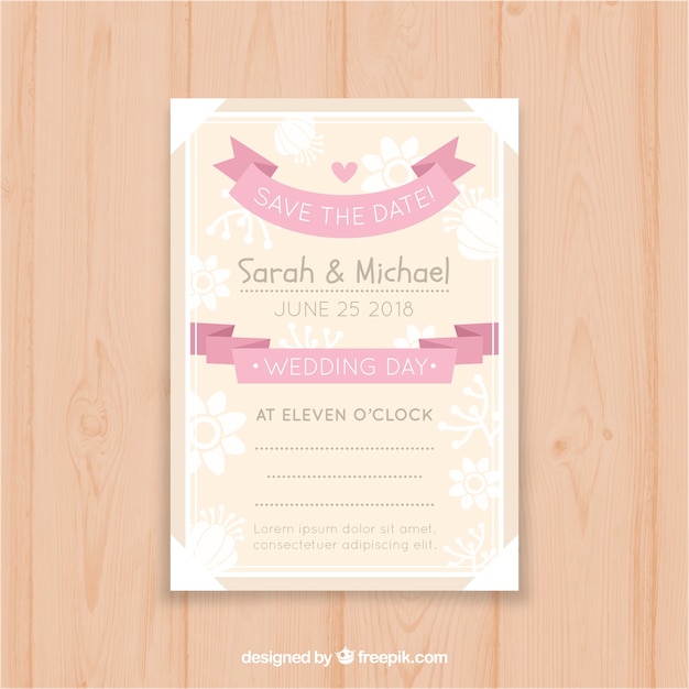 Vector gratuito plantilla de invitación de boda con corazón y cinta