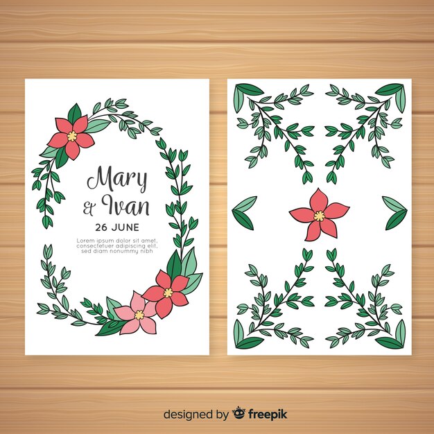 Plantilla de invitación de boda con decoración floral.