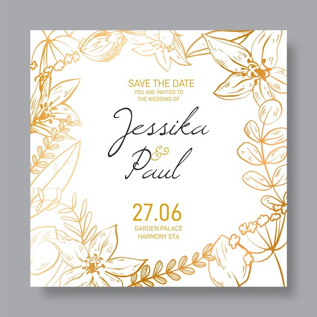 Plantilla de invitación de boda detallada dorada floral