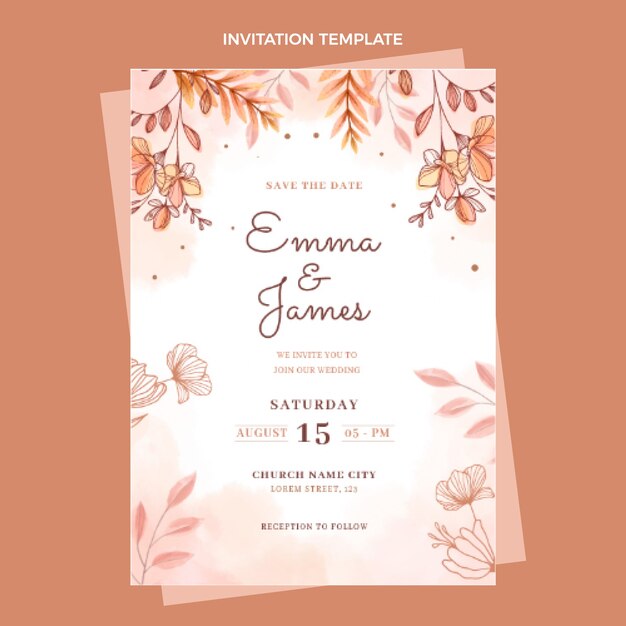 Plantilla de invitación de boda dibujada a mano en acuarela