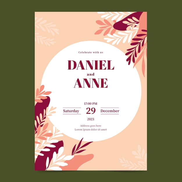 Plantilla de invitación de boda digital plana con vegetación