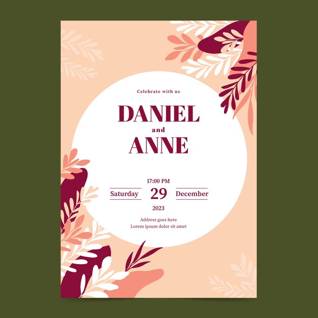 Plantilla de invitación de boda digital plana con vegetación