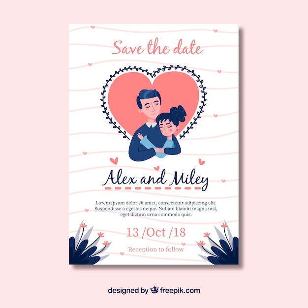 Plantilla de invitación de boda con diseño plano