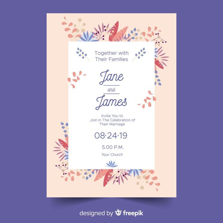 Vector gratuito plantilla de invitación de boda en diseño plano