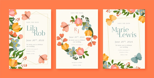 Vector gratuito plantilla de invitación de boda en diseño plano