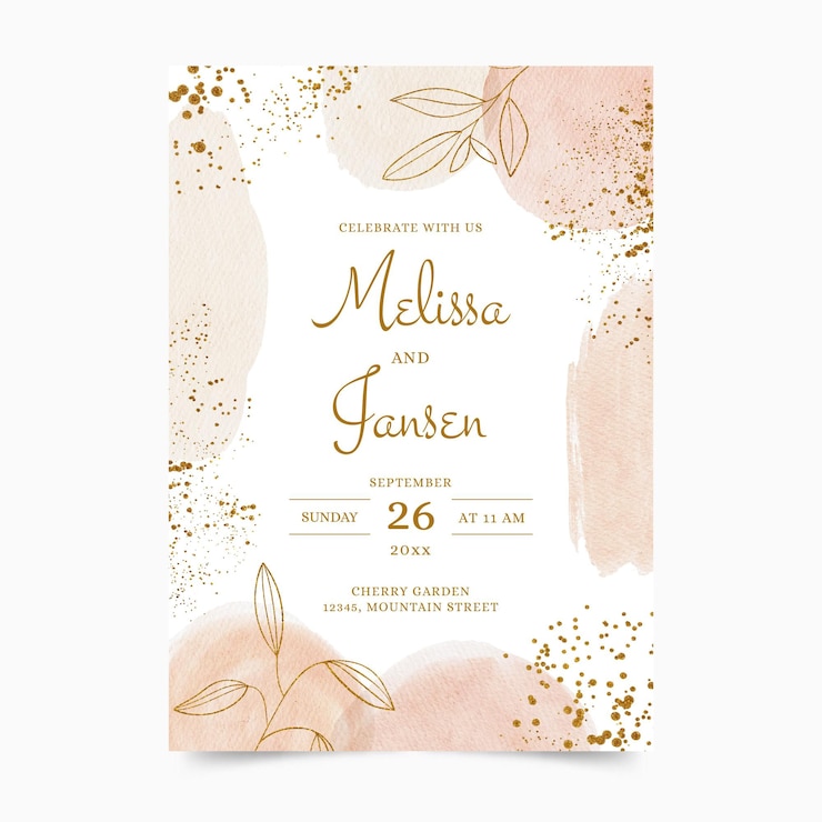 Vector gratuito plantilla de invitación de boda dorada en acuarela pintada a mano