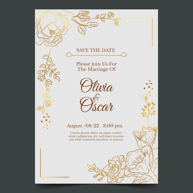 Plantilla de invitación de boda dorada dibujada a mano grabado