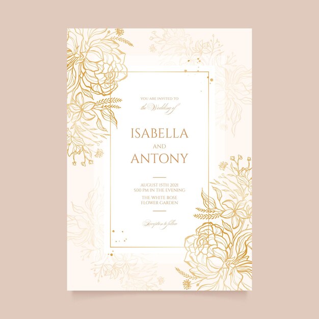Plantilla de invitación de boda dorada dibujada a mano grabado