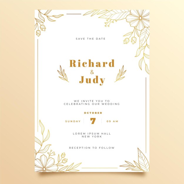 Plantilla de invitación de boda dorada dibujada a mano