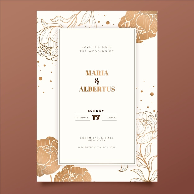 Plantilla de invitación de boda dorada dibujada a mano