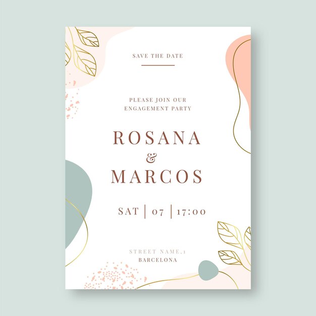 Plantilla de invitación de boda dorada dibujada a mano