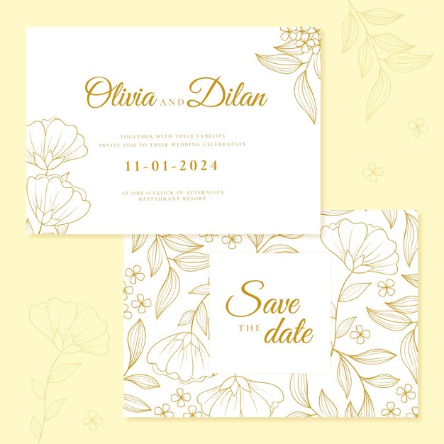 Plantilla de invitación de boda dorada dibujada a mano
