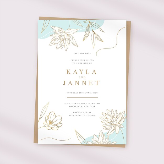 Plantilla de invitación de boda dorada dibujada a mano