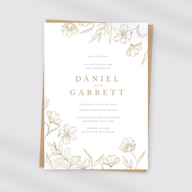 Plantilla de invitación de boda dorada dibujada a mano