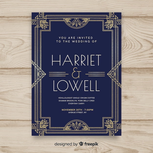Plantilla de invitación de boda con elegante diseño art deco