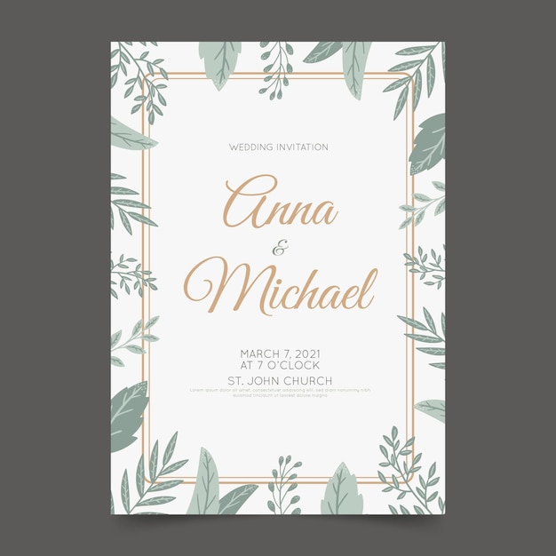 Vector gratuito plantilla de invitación de boda elegante con hojas